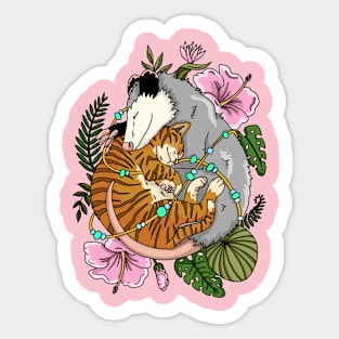 Cat and opossum sleeping in tropical plants and flowers Sticker